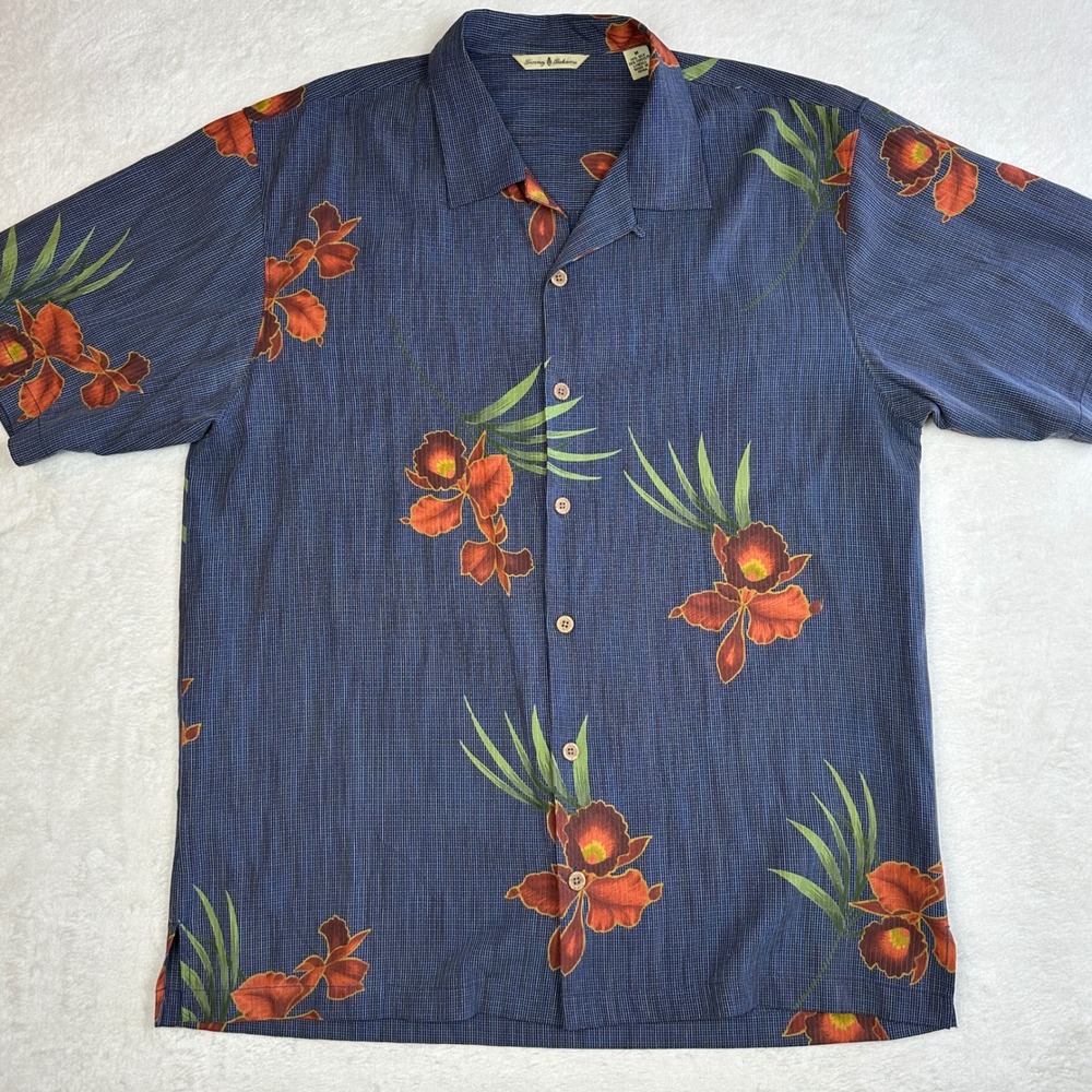 Tommy Bahama Mens Blue Silk Tencel Floral Orchid Print Camp Shirt Medium